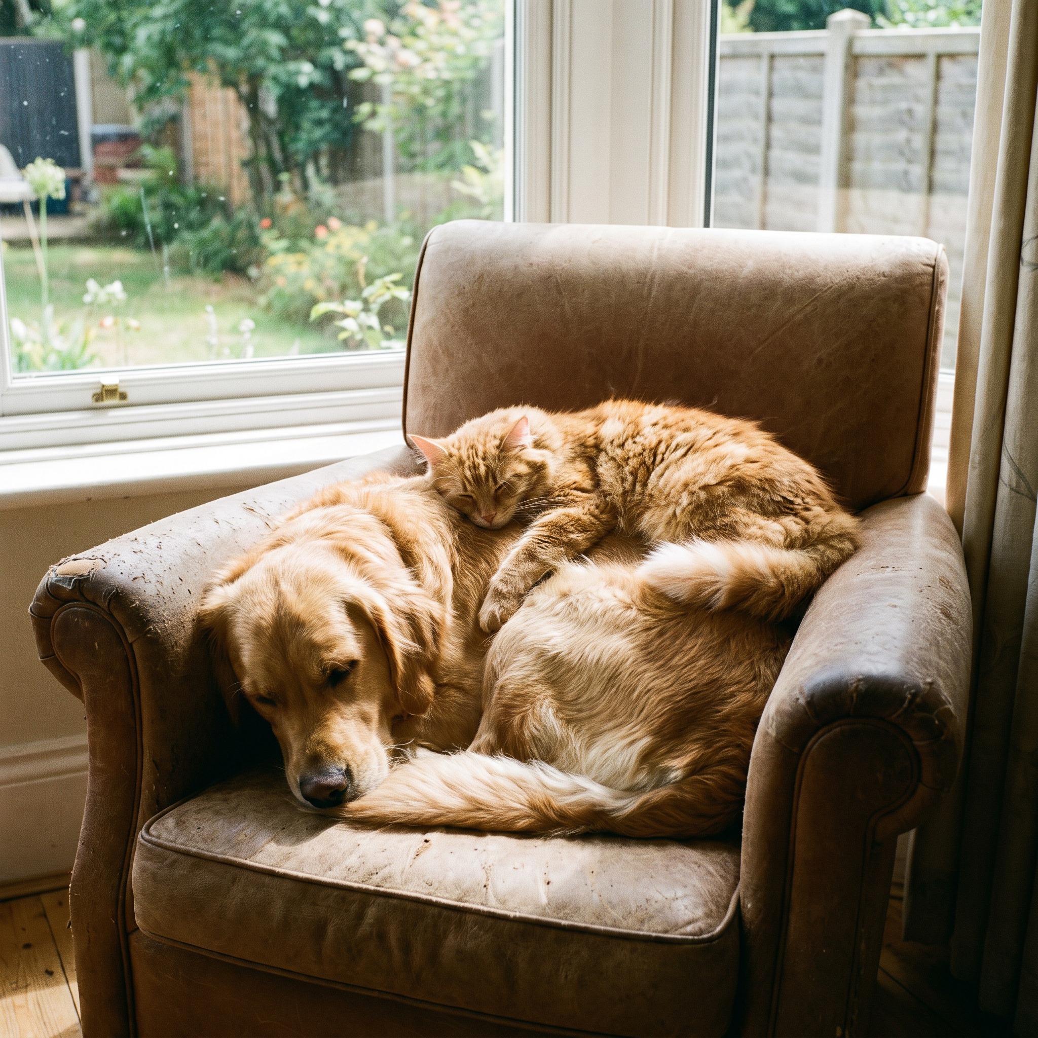 Perro y gato descansando juntos en un sillón